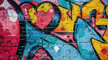Urban Graffiti Wall. Colorful street art adorns graffiti-covered urban wall. Vibrant city life.