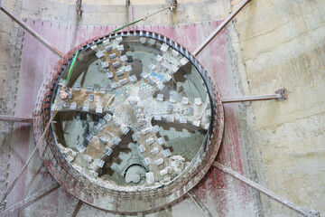 Cutter head of a Tunnel boring machine (TBM) . Machine for underground drill at construction site.