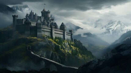 An imposing fortress nestled among the peaks of the Alps, its battlements and towers rising...