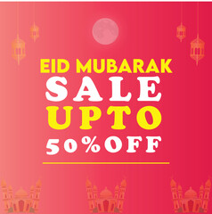 Eid Mubarak Sale upto 50% with red gradient backgrounds