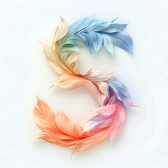 Fototapeta premium Creative illustration of letter 5 made of colorful feathers on white background