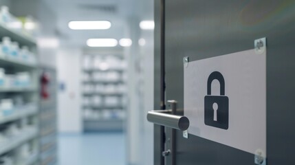 A Restricted Area sign with a padlock symbol covering a door leading to the medication storage room reminding staff of the importance of medication security. - obrazy, fototapety, plakaty