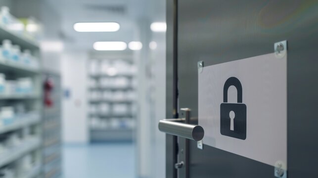 A Restricted Area sign with a padlock symbol covering a door leading to the medication storage room reminding staff of the importance of medication security.