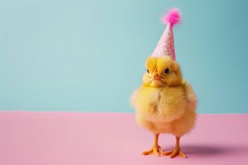 A cute easter chick wearing a fun celebration party hat