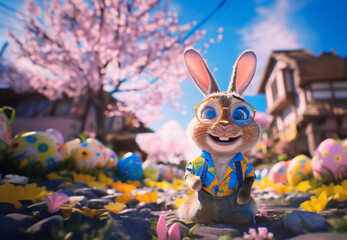 A cute, smiling bunny wearing a blue and yellow Hawaiian shirt, black pants and glasses is standing in front of an Easter egg field surrounded by Easter eggs. There are cherry blossom trees behind him - obrazy, fototapety, plakaty