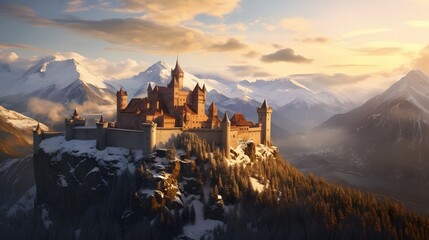 A majestic medieval castle perched atop a rugged alpine peak, its stone walls bathed in golden sunlight against the backdrop of snow-capped mountains. - obrazy, fototapety, plakaty