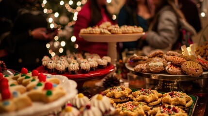 Festive Christmas desserts and treats arranged on table during holiday party with guests in soft focus background. Seasonal celebration and traditional festive food. - obrazy, fototapety, plakaty