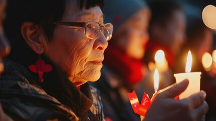 Elderly woman participating in candlelight vigil at night, reflecting peaceful demonstration or remembrance event with focus on single participant. Cultural traditions and respect. - obrazy, fototapety, plakaty
