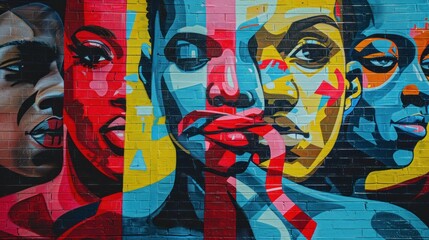 Colorful urban street art depicting diverse array of faces with vivid expressions painted on brick wall. Artistic expression and urban culture.