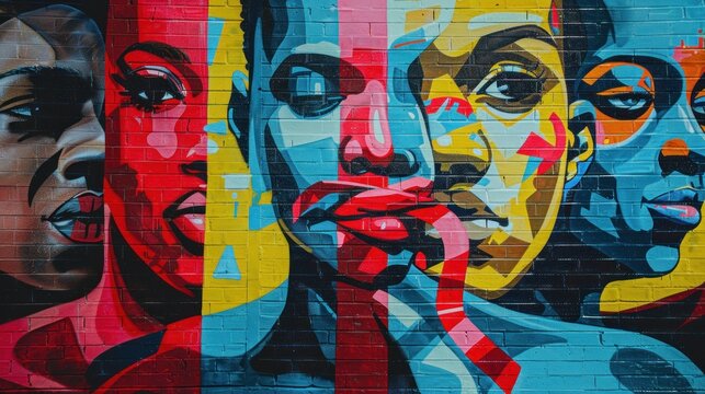 Colorful urban street art depicting diverse array of faces with vivid expressions painted on brick wall. Artistic expression and urban culture. - Powered by Adobe