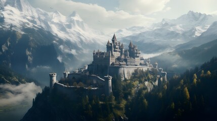 A medieval citadel rising majestically above the mist-shrouded peaks of the Alps, its ancient ramparts offering a commanding view of the surrounding valleys and forests below.