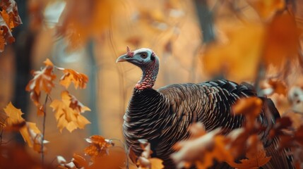 Wild turkey roaming through autumn foliage, showcasing seasonal wildlife and beautiful colors of fall. Nature and wildlife. - obrazy, fototapety, plakaty