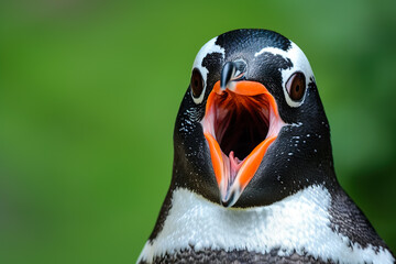A penguin with an open mouth and orange beak