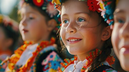 Young girls dressed in traditional embroidered costumes celebrating cultural heritage at folk...