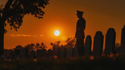 Silhouetted military person standing in cemetery at sunset, honoring fallen comrades with respect and remembrance. Memorial Day observance and tribute. - obrazy, fototapety, plakaty