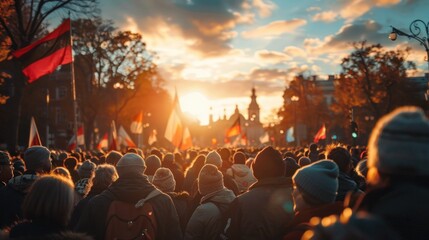 Crowd of people gathered in city square at sunset with flags, symbolizing civic engagement and public demonstrations. Commemoration and patriotism. - obrazy, fototapety, plakaty