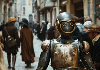 Fototapeta na wymiar a female robot walking through the streets with people dressed as humans in a crowded street