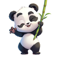 Naklejka premium The cartoon panda baby stands smiling happily with a piece of bamboo in his hand In one's clothes Front view, side view, rear view PNG