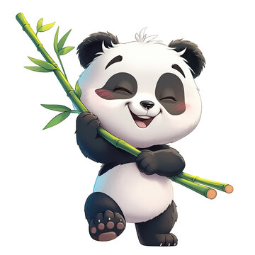The cartoon panda baby stands smiling happily with a piece of bamboo in his hand In one's clothes Front view, side view, rear view PNG