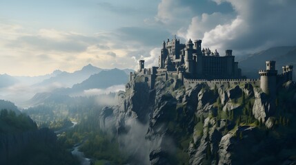 A medieval fortress perched atop a rocky crag, its weathered battlements and towering keep standing as a silent sentinel over the breathtaking beauty of the Alpine landscape, a testament to the streng - obrazy, fototapety, plakaty