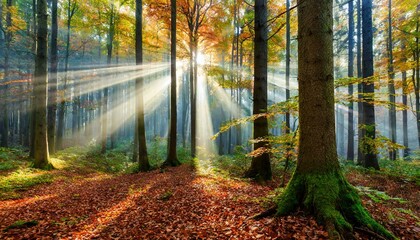 Obraz premium sun beams in an autumn morning forest