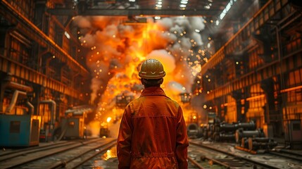 Naklejka premium Hydrogen plant oversight, engineer among steel giants