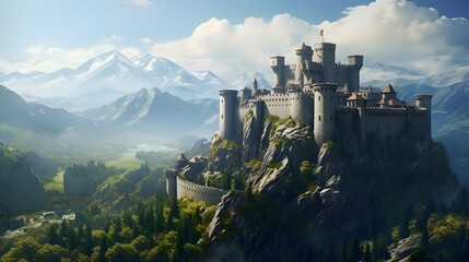 A medieval stronghold perched atop a craggy peak, its ancient walls and towers standing proud against the backdrop of a clear blue sky, offering a glimpse into a bygone era of chivalry and valor. - Powered by Adobe