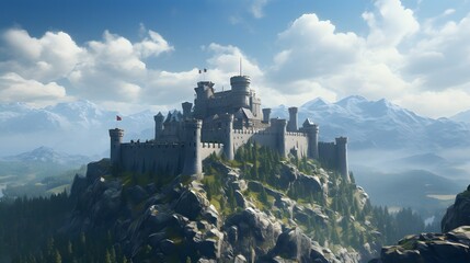 A medieval stronghold perched atop a craggy peak, its ancient walls and towers standing proud...
