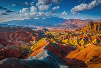 Fotobehang Colorful rainbow mountains in China's Danxia landform, with red and yellow stripes on the mountain surface © Kien