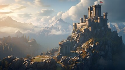 A medieval stronghold standing sentinel atop a rocky promontory, its towering walls and sturdy bastions offering a formidable defense against any would-be invaders, commanding respect and admiration.