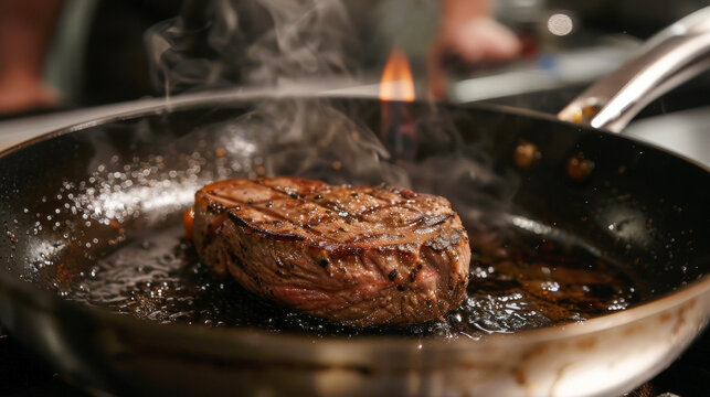 A steak sizzling in a hot frying pan, searing and browning as it cooks.