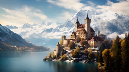 A picturesque castle nestled amidst the rolling hills and snow-capped peaks of the Swiss Alps, its timeless beauty standing as a testament to the ingenuity and craftsmanship of ions past. - obrazy, fototapety, plakaty