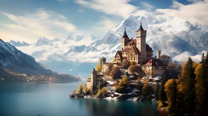 Foto auf Glas A picturesque castle nestled amidst the rolling hills and snow-capped peaks of the Swiss Alps, its timeless beauty standing as a testament to the ingenuity and craftsmanship of ions past. © Graphica Galore