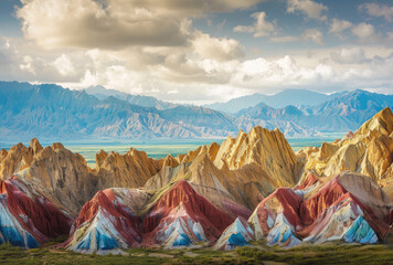 Colorful rainbow mountains in China's Danxia landform, with red and yellow stripes on the mountain surface