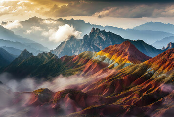 Colorful rainbow mountains in China's Danxia landform, with red and yellow stripes on the mountain surface - obrazy, fototapety, plakaty