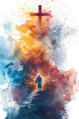 Colourful splash watercolor of Jesus Christ walking on clouds