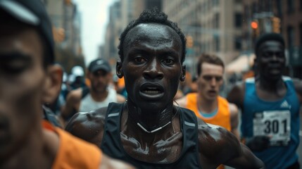 Dedicated marathon runner focused on race amidst competitors, showcasing human endurance and sportsmanship in urban setting. Determination and athleticism in sports events.