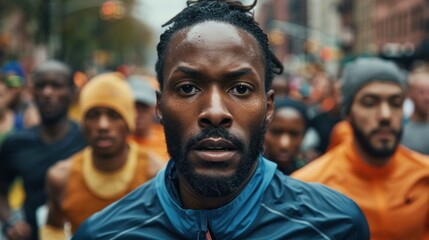 Fototapeta premium Determined marathon runner leading race on urban streets with diverse athletes in background. Exercise and determination.