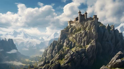Fotobehang A remote mountain citadel standing sentinel against the backdrop of the majestic Alps, its weathered stone walls and imposing towers a testament to the indomitable spirit of its inhabitants, who have  © Graphica Galore