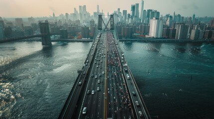 Busy urban traffic on multi-lane bridge with flow of cars during morning rush hour, leading towards dense skyline of major city. Urban planning and transportation.