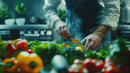 Chef preparing organic vegetables for gourmet dish in professional kitchen, showcasing culinary skills and fresh ingredients. Healthy food and cooking. - obrazy, fototapety, plakaty