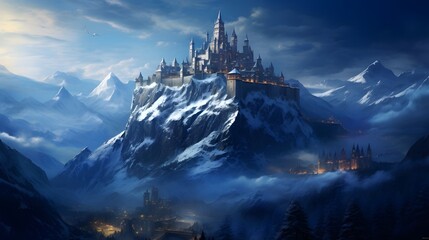A remote mountain fortress perched on a craggy peak, its battlements illuminated by the soft glow...