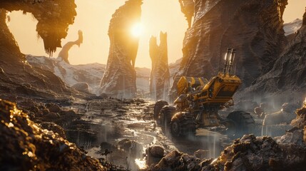 Futuristic exploration rover traversing through rocky alien landscape at sunset, symbolizing space exploration and technological advancement. Extraterrestrial exploration and sci-f