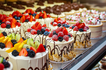 A row of cakes with raspberries on top