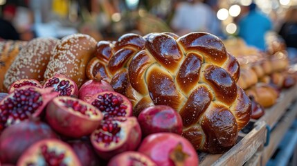 Artisan bread and fresh pomegranates on display at local farmer's market. Quality homemade baked goods and organic fruit selection. - obrazy, fototapety, plakaty