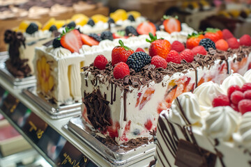 A display of cakes with strawberries and raspberries on top