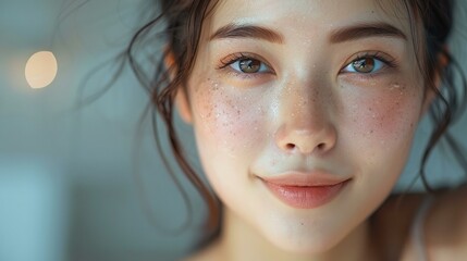 Close-up joy, Asian woman, highlighting a flawless complexion - obrazy, fototapety, plakaty