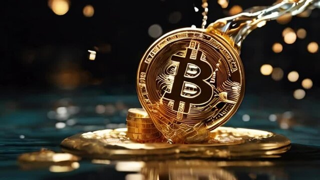 BTC coins cascade through the air, splash into water, and scatter on the ground, embodying financial dynamics, currency flow, and economic abundance in a captivating money