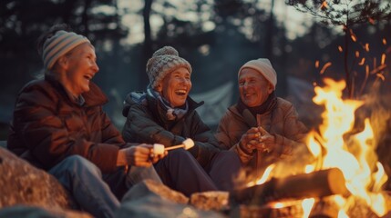 Fototapeta premium Three generations gathered around a crackling campfire roasting marshmallows and laughing as the grandparents share memories from their camping trips when they were young.