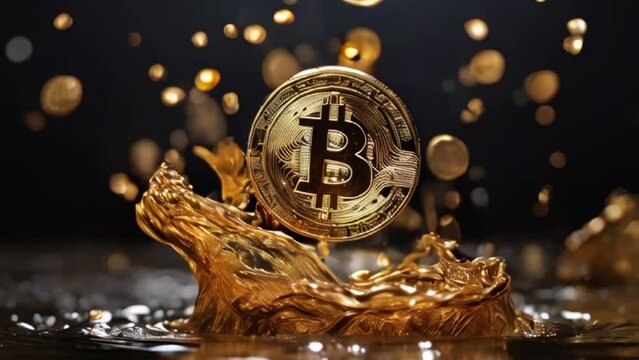 BTC coins cascade through the air, splash into water, and scatter on the ground, embodying financial dynamics, currency flow, and economic abundance in a captivating money